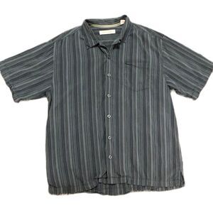 Tommy Bahama Blue Gray Stripe Silk Short Sleeve Button Front Hawaiian Shirt L